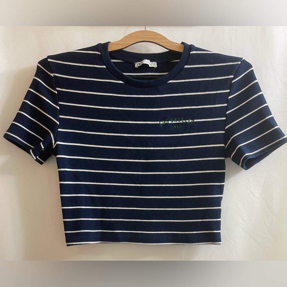 Zara Women’s Cropped Knit Striped Top Embroidery Size Large